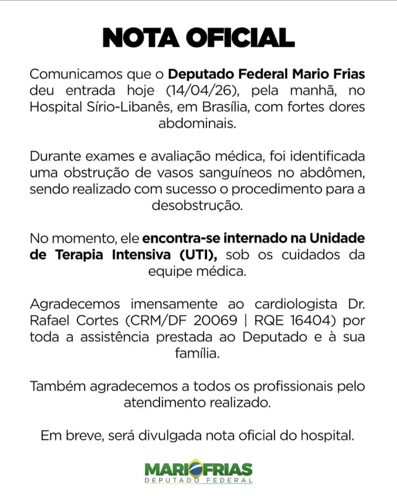 Deputado Federal casado com criciumense é levado para UTI em Brasília