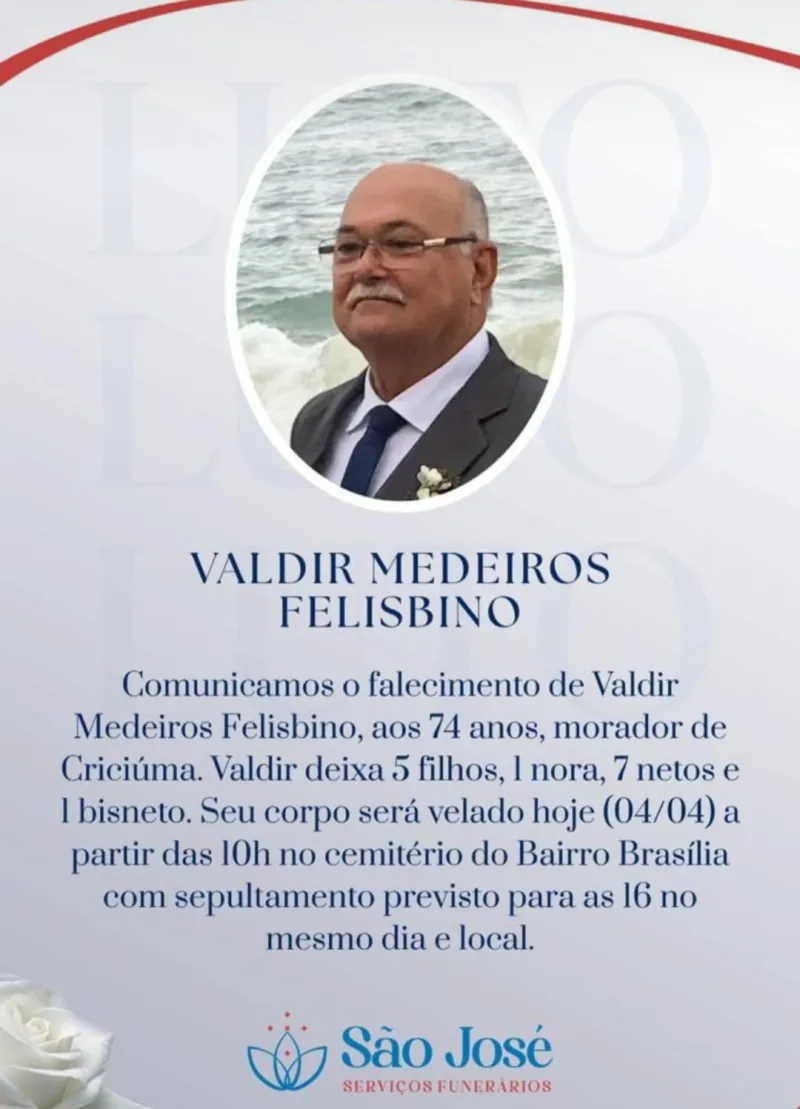 Morre o empresário Valdir Medeiros Felisbino, referência no comércio de Criciúma